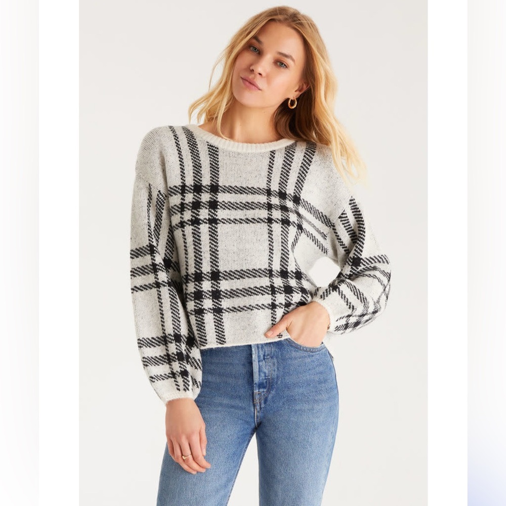 GAP Black and White Crew Neck Sweater with Plaid Design